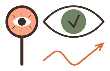 Büyüteçteki göz, gözün içindeki yeşil işaret, yukarı doğru turuncu ok, aşağıdaki dalgalı çizgi. Görme, odaklanma, teftiş, ilerleme, araştırma başarısı için ideal basit düz metafor