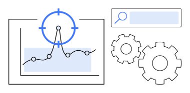 Hedef nokta görselleştirmesi, arama çubuğu ve veri analizini sembolize eden iki vites çizelgesi. İş, araştırma, istatistik, analitik, teknoloji, otomasyon ve basit iniş sayfası için ideal