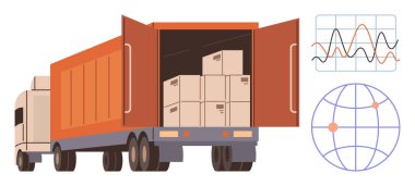 Kutularla dolu kargo kamyonu, açık konteynır, ticaret noktalarını gösteren küresel harita ve veri tablosu. Lojistik, dağıtım, tedarik zinciri, ulaşım, küresel ticaret nakliye envanter yönetimi için ideal