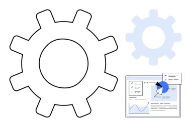 Daha küçük soluk bir dişli ve grafiklerle veri görselleştirme arayüzünün yanında büyük vites. Otomasyon, mühendislik, iş akışı, optimizasyon, üretkenlik, analiz, teknoloji, basit iniş için ideal