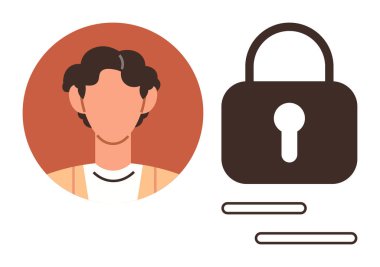 Kilit simgesinin yanındaki isimsiz bir kişinin soyut portresi, veri gizliliği ve korumayı vurguluyor. Siber güvenlik, kullanıcı kimliği, hesaplar, kimlik doğrulama, ayarlar ve güvenli giriş için ideal