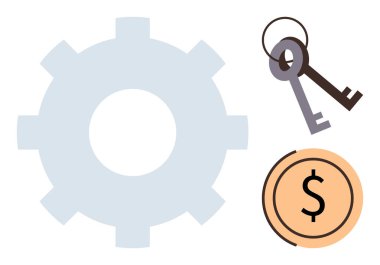 İş akışı için vites, erişim kontrolü için anahtar ve finansal başarı için para. Takım çalışması, verimlilik, finans, yönetim, yenilik güvenlik stratejisi için idealdir. Basit düz metafor