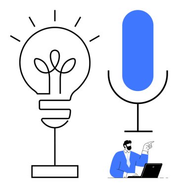 Yaratıcılık için soyut bitki, ses araçları için mikrofon ve dizüstü bilgisayar kullanan profesyonel ampul. Yenilik, beyin fırtınası, konuşma teknolojisi, üretkenlik, uzak çalışma, akıllı çözümler için ideal