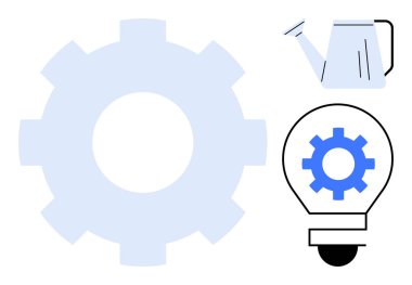 Dişlileri sembolize eden mekanizma, büyümek için konserve sulama ve fikirler için ampul. Yenilik için ideal, takım çalışması, yaratıcılık, büyüme, problem çözme stratejisi ilham kaynağı. Basit düz metafor