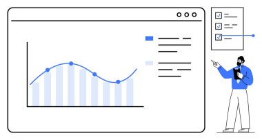 Çizgi grafiği ve verisi olan profesyonel bir işaret, yakınlarda küçük bir kontrol listesi. Veri analizi, iş büyümesi, strateji planlaması, sunum, raporlama, üretkenlik, düz