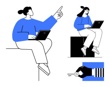 Dizüstü bilgisayarlar üzerinde çalışan bireyler, biri yukarı bakan, biri anahtarı tutan bir el. Takım çalışması, erişim, yaratıcılık, dijital öğrenme, problem çözme amaçlı yenilik için idealdir. Basit düz metafor