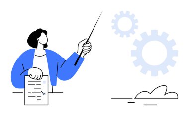 Business sperson 'ın elinde tuttuğu belge, takım çalışmasını, stratejisini ve yenilikleri temsil eden viteslere işaret ediyor. İş süreci, işbirliği, liderlik, eğitim, sorun çözme planlaması için ideal