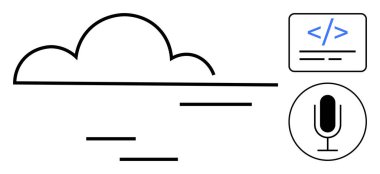 Bir kod düzenleyici arayüzü ve bir mikrofon ikonuna bağlı bulut silueti, bulut hesaplama, kodlama, ses teknolojisi ve dijital erişilebilirliği temsil ediyor. Teknoloji, kodlama, yapay zeka ve otomasyon için ideal.
