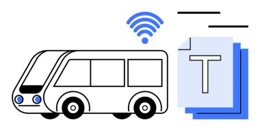 Yığılmış belgelere bağlı mavi kablosuz sinyali olan otonom otobüs, akıllı taşımayı sembolize ediyor, veri transferi. Ulaşım, hareketlilik, teknoloji, bağlantı, iletişim için ideal