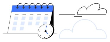 Saati ve planlamayı simgeleyen, minimalist bulut çizimleriyle eşleştirilmiş spiral takvimli takvim. Zaman yönetimi, planlama, planlama, organizasyon, üretkenlik, bulut hizmetleri için ideal