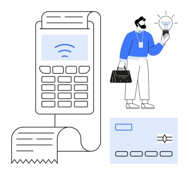 Parmak izi makbuzlu ödeme terminali, elinde ampul tutan resmi giysili iş adamı ve bağlantısız kart. E-ticaret, yenilik, nakitsiz işlemler, iş çözümleri, dijital