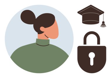 Mezuniyet şapkası ve asma kilidin yanındaki kadın portresi. Eğitim, siber güvenlik, gizlilik, kişisel kimlik, çevrimiçi öğrenme, kariyer ilerlemesi, güvenli veriler için ideal. Basit düz metafor