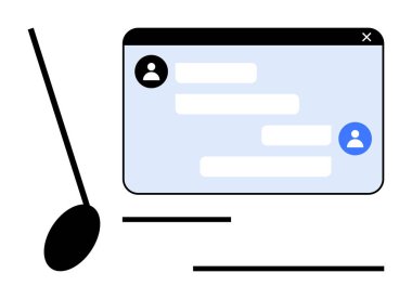 Kullanıcı simgeleri ve konuşma baloncuklarıyla mesaj arayüzü. Tarz sahibi siyah beyaz aksanlar. İletişim, mesajlaşma, teknoloji, takım çalışması, işbirliği, kullanıcı arayüzü, basit iniş için ideal