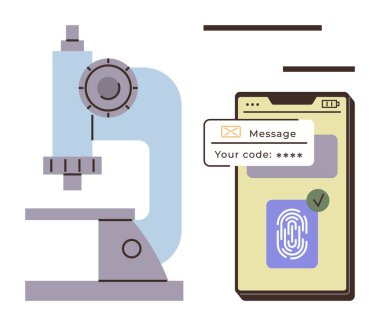 Akıllı telefonun yanındaki mikroskop biyometrik parmak izi gösteriyor, şifreli mesaj. Güvenlik, teknoloji, yenilik, araştırma, bilim, kimlik doğrulama veri analizi için idealdir. Modern basit daire