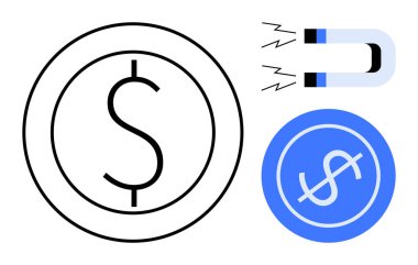 Dolar parası ve mıknatıs çizimi finansal cazibe, servet akışı ve yatırım başarısını vurguluyor. Finans, gelir, iş, strateji, büyüme zenginliği yatırımı için idealdir. Basit düz