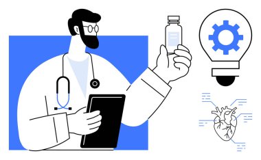 Doktor elinde bir tablet ve ilaç şişesi, boynunda steteskop, yenilik için ampul, anatomik kalp diyagramı tutuyor. Sağlık, yenilik, araştırma, tanı ve teknoloji için ideal