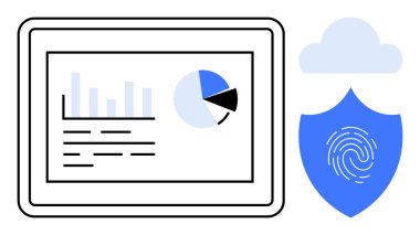 Tablet ekranda veri analizi için grafikler ve grafikler gösterilir. Yakınlarda, parmak izi ve bulut olan bir kalkan güvenliği, biyometrik erişimi ve bulut hesaplamasını sembolize ediyor. Veri yönetimi için ideal