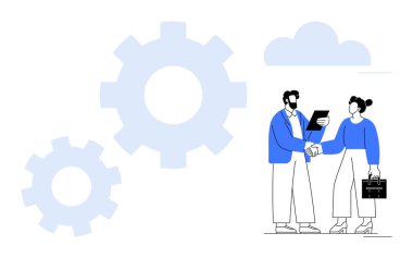 Evrak ve evrak çantası, büyük vitesler ve arka planda bulut tutarken el sıkışan iki profesyonel. Takım çalışması, ortaklık, yenilik, iş büyümesi ve işbirliği için ideal