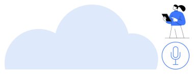 Tablet ve mikrofon simgesi ile veri arayan bir kullanıcı yapısı. Bulut bilgisayarı, depolama, teknoloji, kullanıcı etkileşimi, dijital erişim, ses asistanı, basit iniş sayfası için ideal