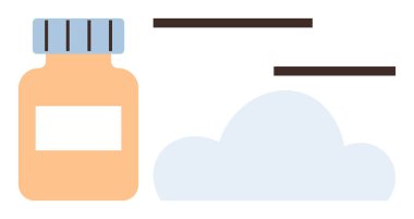 Sağlığı, eczaneyi, takviyeleri, bakımı, güvenliği, sağlığı, tedaviyi temsil eden bir bulutun yanında minimalist tasarımı olan ilaç şişesi. Sağlık hizmetleri, eczane markalaşma kampanyaları için ideal