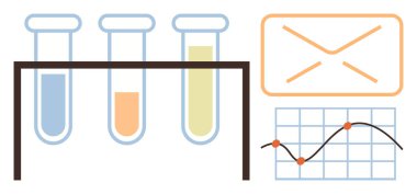 Bir stantta üç test tüpü, içinde veri noktaları olan bir çizgi grafiği ve bir zarf taslağı. Bilim, araştırma, analiz, veri görselleştirme, iletişim eğitimi yeniliği için idealdir. Basit düz