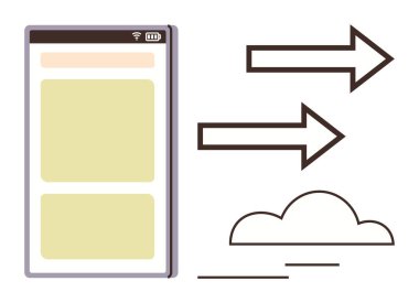 Okların yanındaki akıllı telefon arayüzü veri transferini, bulut hesaplamasını ve çevrimiçi senkronizasyonu temsil eden minimum bulutu gösteriyor. Teknoloji, iletişim, yedekleme, veri için ideal