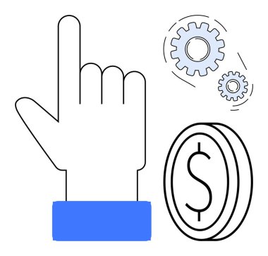 Vites simgelerinin yanında el hareketi ve finans, otomasyon, ilerleme ve yeniliği sembolize eden bir bozuk para. İş, teknoloji, yatırım, strateji fintech ekonomi verimliliği için ideal. Basit.