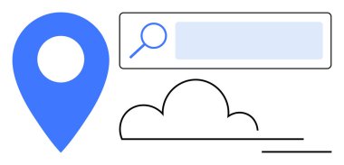 Mavi lokasyon iğnesi, arama barında büyüteç, biçimlendirilmiş bulut. Navigasyon, arama motoru, bulut depolama, çevrimiçi hizmetler, seyahat, teknoloji basit iniş sayfası için ideal