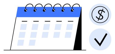 Mavi başlıklı masa takvimi, mali işler için dolar işareti ve görev tamamlama için kontrol işareti. Program, organizasyon, zaman yönetimi, üretkenlik, mali planlama, hesap verebilirlik için ideal