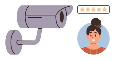 Güvenlik kamerası, yüz kenarında beş yıldız olduğunu gösteren bir değerlendirmeyle karşılaşıyor. Güvenlik, gizlilik, teknoloji, izleme, performans değerlendirmesi, geri besleme sistemleri, kullanıcı deneyimi için ideal