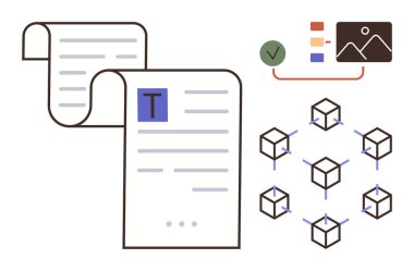 Metni olan dijital belge, veri doğrulama elemanları ve bağlı blockchain küp ağı. Veri güvenliği, engelleme zinciri, teknoloji, doğrulama, araştırma uyum iş akışı için idealdir. Temiz daire