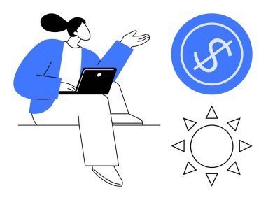 Kadın oturmuş, dizüstü bilgisayarla el kol hareketi yapıyor. Yuvarlak para işareti ve güneş ikonları yakında. Finans, üretkenlik, teknoloji, iş büyümesi, uzaktan çalışma enerjisi iletişimi için idealdir. Temiz