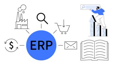 Fabrika merkezi ikonları, büyüteç, alışveriş arabası, dolar işareti, e-posta, kitap ve grafik. Kaynak yönetimi, otomasyon iş akışı analitik entegrasyon girişimi için ideal basit