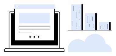 Bar çizelgesi ve bulut görüntüsü ile eşleştirilmiş web sayfası arayüzünü gösteren bir dizüstü bilgisayar aç. Veri analizi için ideal, çevrimiçi büyüme, teknoloji, bulut depolama, iş stratejisi, dijital pazarlama, basit daire