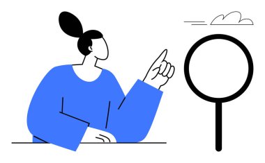 Bir kadın bir eliyle bulutu işaret ederken büyütece doğru hareket ediyor. Araştırma, keşif, yaratıcılık, yenilik, odaklanma, problem çözme, keşif için idealdir. Basit düz metafor