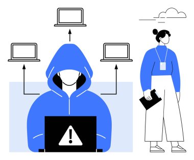 Dizüstü bilgisayarı ve uyarı işareti olan kapüşonlu bir figür, birden fazla bilgisayara bağlı profesyonel beklemede. Hackleme, siber güvenlik, izleme, veri ihlali, ağ güvenliği, denetim veya dijital denetim için ideal