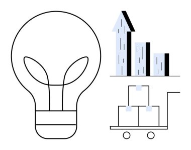 Yükselen bir bar çizelgesinin yanında ampul ve yük arabasında istiflenmiş kutular. Ticari büyüme, lojistik, yenilik, üretkenlik, analitik, strateji, basit iniş sayfası için ideal