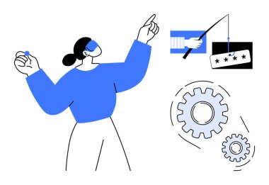 Kadın güvenlik tehditlerini el sallayarak analiz ediyor kimlik bilgilerini değiştiriyor sistem süreçlerini sembolize ediyor. Siber güvenlik, teknoloji, filtreleme, süreç otomasyonu, farkındalık, problem çözme için ideal