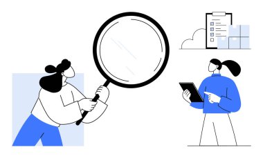 Kontrol listesi ve bulut grafikleri olan bir büyüteç ve tablet kullanan iki kadın. Takım çalışması, araştırma, veri analizi, işbirliği, problem çözme, odaklanma, basit iniş sayfası için ideal