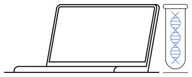 DNA sarmalı içeren test tüpünün yanında dizüstü bilgisayar. Bilim, biyoteknoloji, genetik, yenilik, biyoenformatik, araştırma ve teknoloji temaları için idealdir. Basit, düz bir metafor kadar mükemmel.