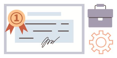 İmzalı sertifika ve kurdele tanıma bildirimi. Vites ve evrak çantası üretkenliği, kariyer gelişimini ve profesyonel başarıyı simgeler. Eğitim, beceri, iş, ödül, eğitim için ideal