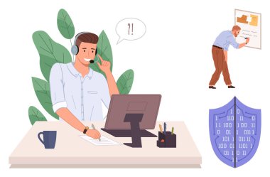 Masada çalışan müşteri hizmetleri temsilcisi, beyaz tahtada çalışan ekip üyesi planlama, ikili veri içeren kalkan. Takım çalışması, müşteri desteği, çevrimiçi güvenlik ve iletişim için ideal