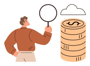 Erkek karakter, elinde büyüteç tutarak finansal yığını bulut temsilcisi altında inceliyor. Finans, ekonomik analiz, yatırım, inceleme, tasarruf, zenginlik yönetimi, işletme için ideal