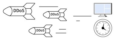 DDoS etiketli füzeler, bir bilgisayar ağına saldırıyor. Kapatma zamanını sembolize eden bir saat eşliğinde. Siber güvenlik, internet saldırıları, ağ savunmasızlığı, tehdit farkındalığı, veri riski, bilişim savunması için ideal