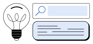 Minimalist bir arama çubuğu ve metin bloğunun yanındaki ampul yenilik, yaratıcılık ve bilgi keşiflerini sembolize ediyor. Eğitim, beyin fırtınası, araştırma, anlayış, öğrenme, keşif için ideal