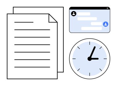 Belgeler, mesajlı sohbet penceresi ve üretkenliği, zaman yönetimini, iletişimi ve organizasyonu simgeleyen analog bir saat. Takım çalışması için ideal süre, süreler, zaman çizelgeleri uzak çalışma