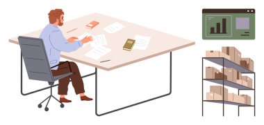 Masada çalışan bir adam, kitaplar ve kağıtlarla çevrili, kutularla dolu rafların yanında ve finansal verileri gösteren bir ekran. İş, yönetim, lojistik ve organizasyon için ideal