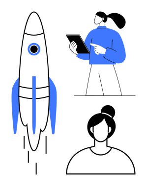 İş kadını elinde tablet tutarak roketi fırlatıyor ve kadın portresi çiziyor. Teknoloji, yenilik, girişim, kariyer, girişimcilik, strateji, basit iniş sayfası için ideal