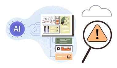 Yapay zeka işleme verileri, çizelgeler ve analiz büyüteç altında uyarı uyarısına bağlanıyor. Teknoloji, makine öğrenimi, üretkenlik, risk yönetimi, siber güvenlik, veri bilimi için ideal
