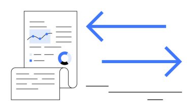 Çizelgeler, grafikler ve metinlerle birlikte zıt yönlerdeki oklar eşliğinde belgeler. Veri paylaşımı, iletişim, iş akışı, işbirliği, analiz, teknoloji aktarımı için ideal